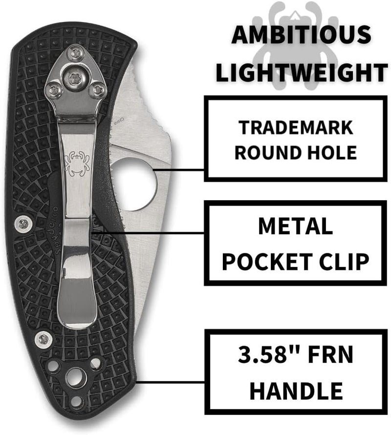 Spyderco Ambitious Lightweight Folding Pocket Knife with 2.43 Inch Stainless Steel Blade and FRN Handle - PlainEdge - C148PBK - Image 3